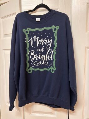 Gildan Christmas Merry and Bright Navy Sweatshirt with Green Accent
